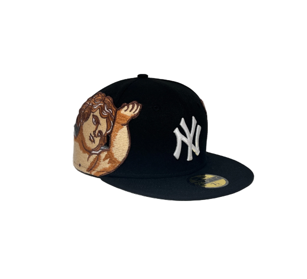 Black baseball cap with a unique design on the front panel against a light gray background