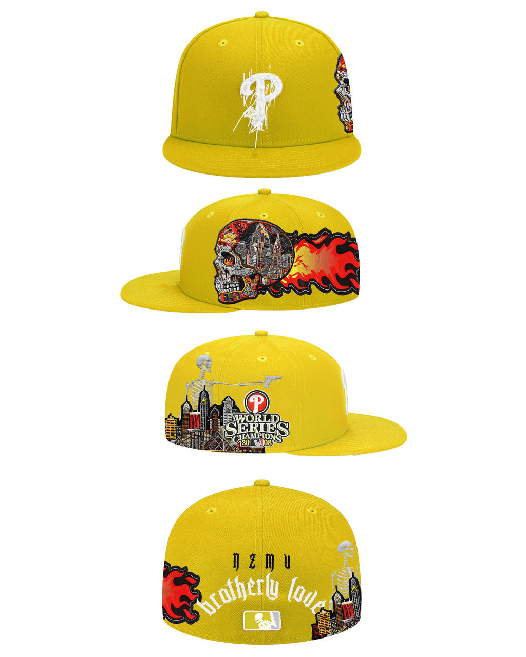 כובע New Era 59FIFTY – Philadelphia Phillies Brotherly Love צהוב עם גרפיקה משוגעת (Fitted)