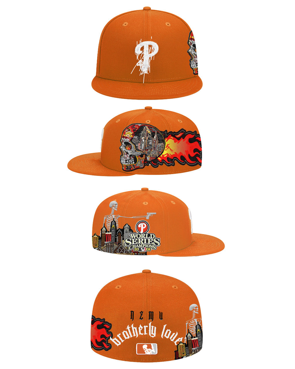 כובע New Era 59FIFTY – Philadelphia Phillies Brotherly Love כתום עם גרפיקה משוגעת (Fitted)